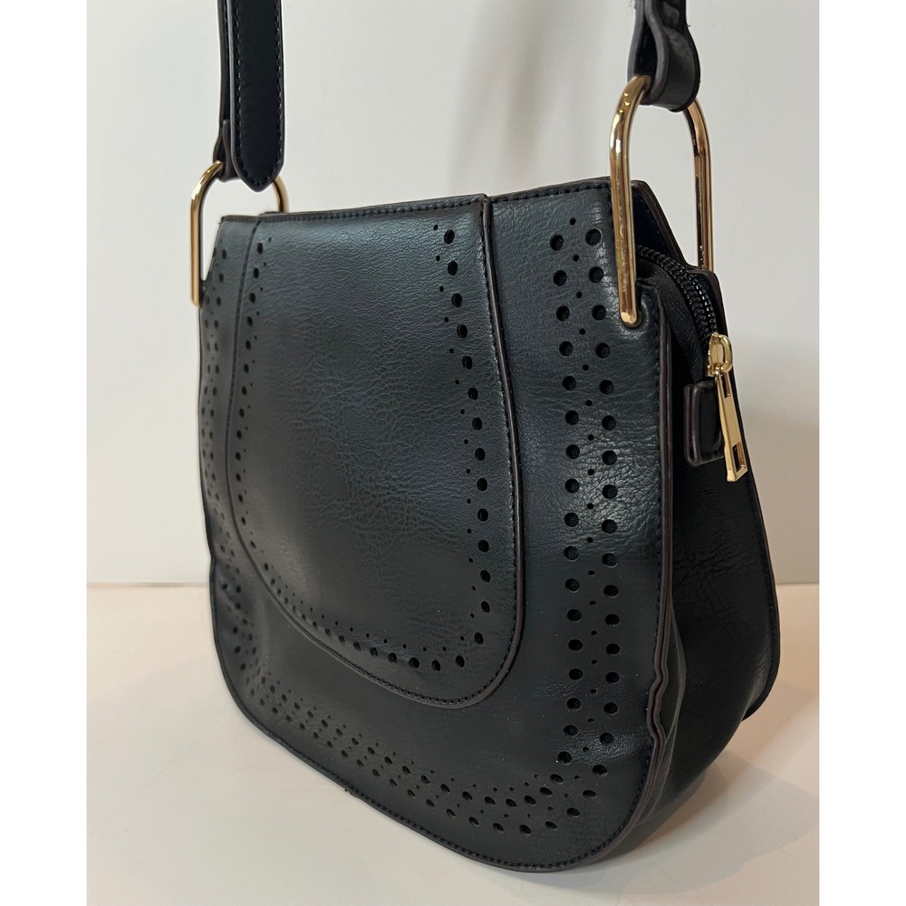 Franco Sarto Black Faux Leather Perforated Crossbody Bag Gold Hardware 4039325
